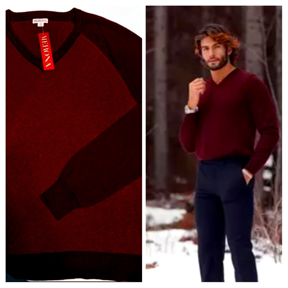 Merona Men's v-neck long sleeve two-tone burgundy Maroon pullover sweater sz Lg
